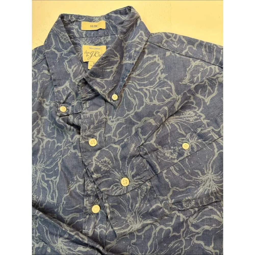J. Crew Linen Button Up Long Sleeve Shirt, Blue Tropical Floral Men's M Slim Fit